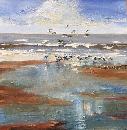 at the shore, beach, seascape, gulls, Heleen van Lynden, oilpaintings. olieverfschilderijen, zeegezichten