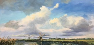 Kinderdijk-100x50 cm, oilpainting, Dutch landscape, typical dutch,  windmills, Heleen van Lynden