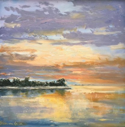 Muiderberg avondlicht-zonsondergang-spiegeling-olieverfschilderij-Heleen van Lynden