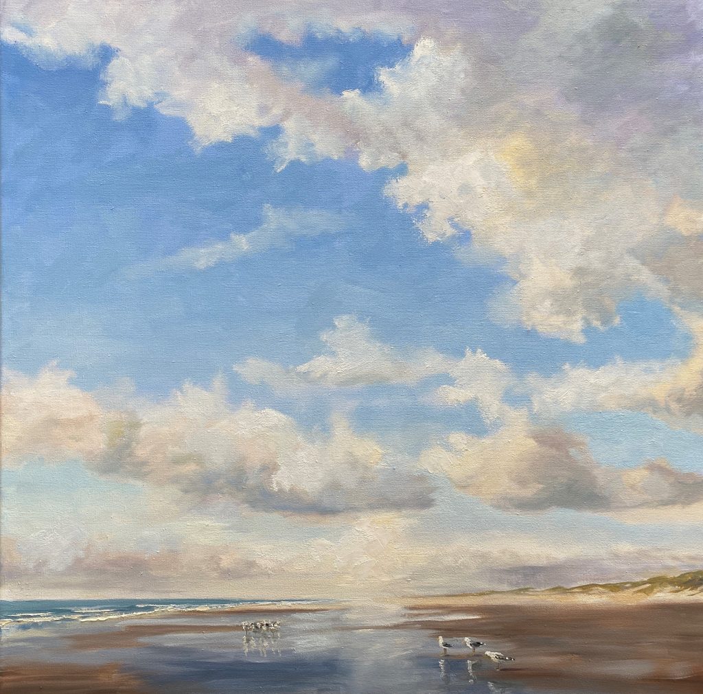 80x80 cm, Silent beach oilpainting, light on the beach, friendly clouds, gulls, stil strand, vriendelijke wolken, reflectie, olieverf schilderij