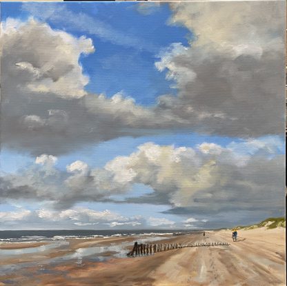 Haamstede, zee, strand, zeegezicht, olieverfschilderij, zeeschilderij, strandschilderij, nederlandse-kust-schilderij, luchten,