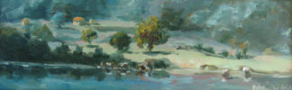 landscape, green/blue, cows in river, oilpaint, heleen van Lynden
