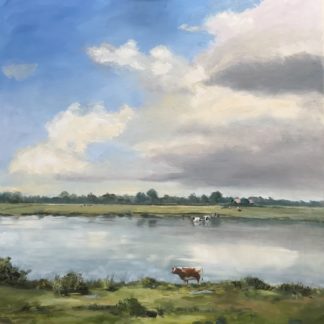koeien in de rivier, hollands landschap, olieverfschilderij, oilpainting, landscape, Heleen van Lynden