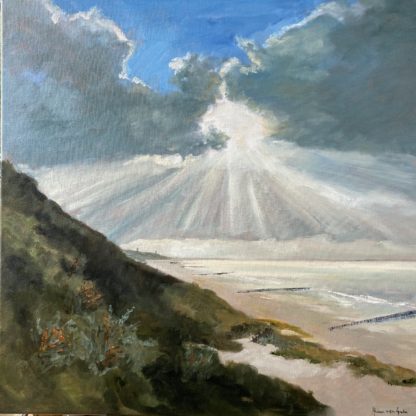 23WS165 Tegenlicht met Jacobsladder, beach, dunes, duinen, strand, sun behind the clouds, zon achter de wolken, oilpainting, Heleen van Lynden