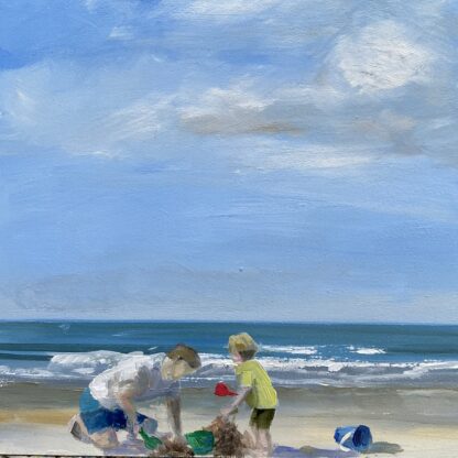 digging on the beach, summer, zomer, graven op het strand, oilpainting, Heleen van Lynden