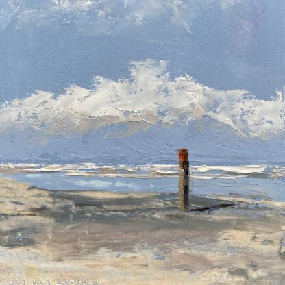 Pole on the beach, oilpainting, beach, seascape, small painting, Heleen van Lynden