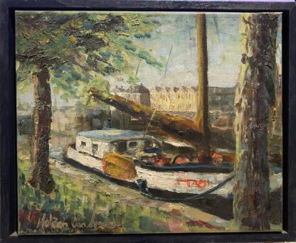 Muiden harbour, platbodem, oil on canvas, olieverfschilderij, boten, Heleen van Lynden