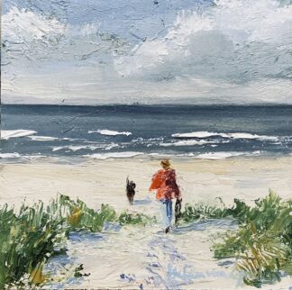 wandelen met de hond, walk with the dog, beach, seaxcape, oil on panel, 13x13 cm