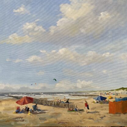 zomer-aan-t-strand-80x80 oilpainting, seascape, summer, summer at the beach-