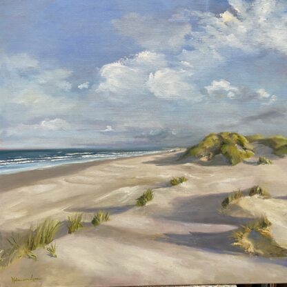 lange schaduwen olieverfschilderij, zeegezicht, strand, zee, duinen, seascape, Heleen van Lynden