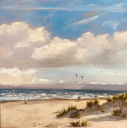 Kiten on sea, olieverfschilderij, zeegezicht, strand, zee, duinen, seascape, Heleen van Lynden