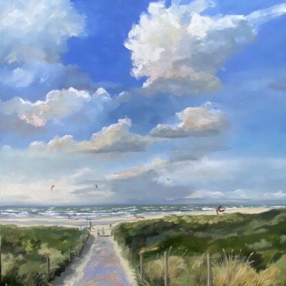 Kiten Kijkduin, olieverfschilderij, zeegezicht, strand, zee, duinen, seascape, Heleen van Lynden